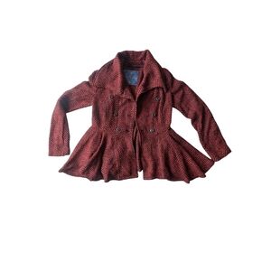 Free People Patricia Red Peplum Tweed Chevron Jacket Pea coat sz 6